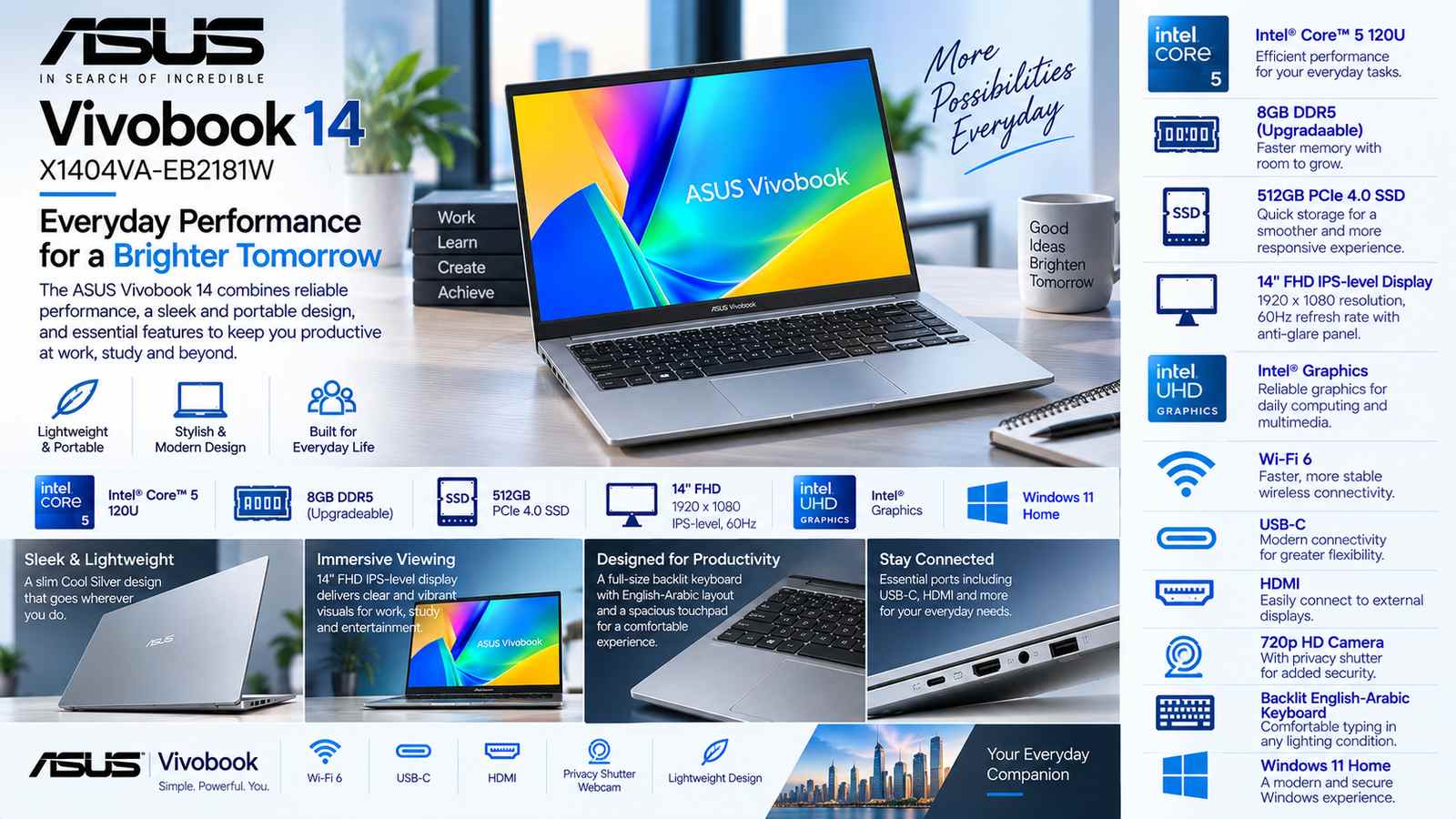 ASUS Vivobook 14 X1404VA-EB2181W Laptop, Intel Core 5 120U, 8GB DDR5, 512GB PCIe 4.0 SSD, 14-inch FHD IPS-Level 60Hz, Intel Graphics, Windows 11 Home, Backlit English-Arabic Keyboard, Cool Silver | 90NB13U2-M01980